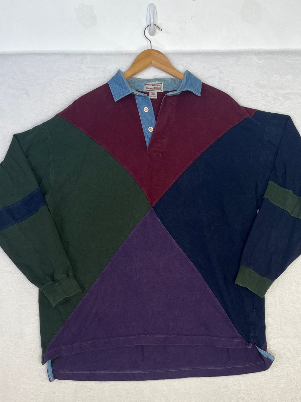 VTG White Mountain Traders Harlequin Multicolor Rugby Denim PoloShirt sz L 90s